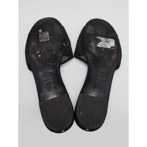 CHANEL Black Mesh Camellia Flower Open Toe Flat Sandals 39.5 sz - Picture 5 of 15